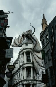 Fire-breathing dragon atop Gringotts Bank at Diagon Alley in the Wizarding World of Harry Potter, Universal Orlando.